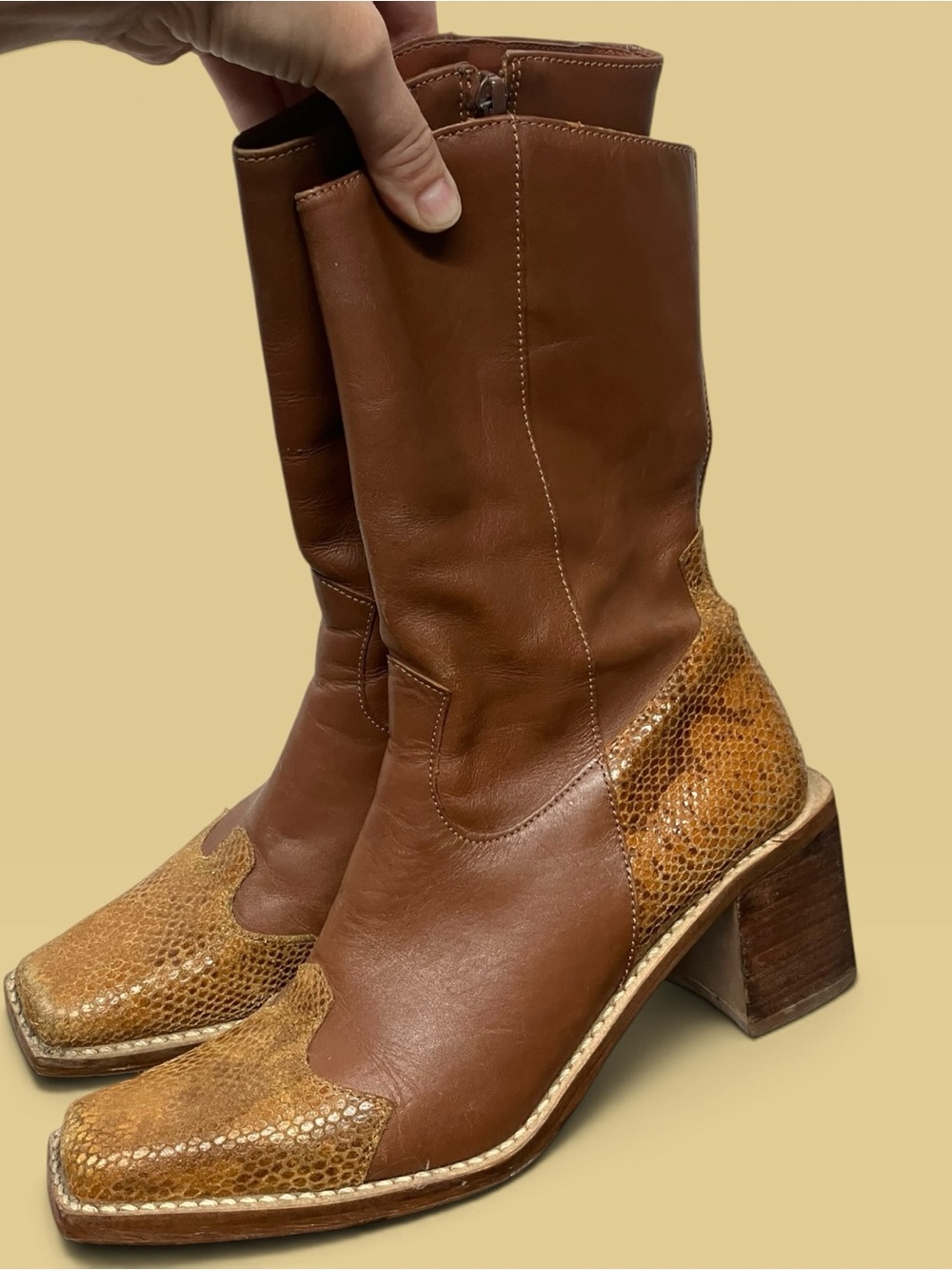 Y2K Women's Tan Leather Western Block Heel Boots with Snakeskin Accents